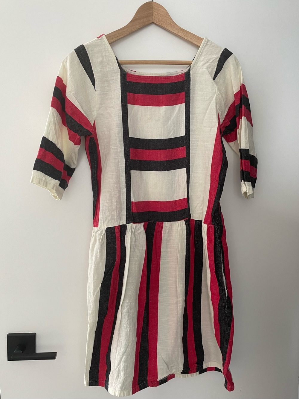 Striped Cotton Dress in Cream, pink & Black